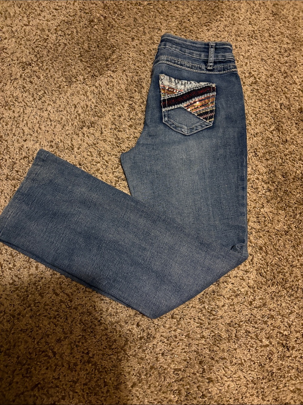 Embellished Pocket Straight Leg Jeans - Blue